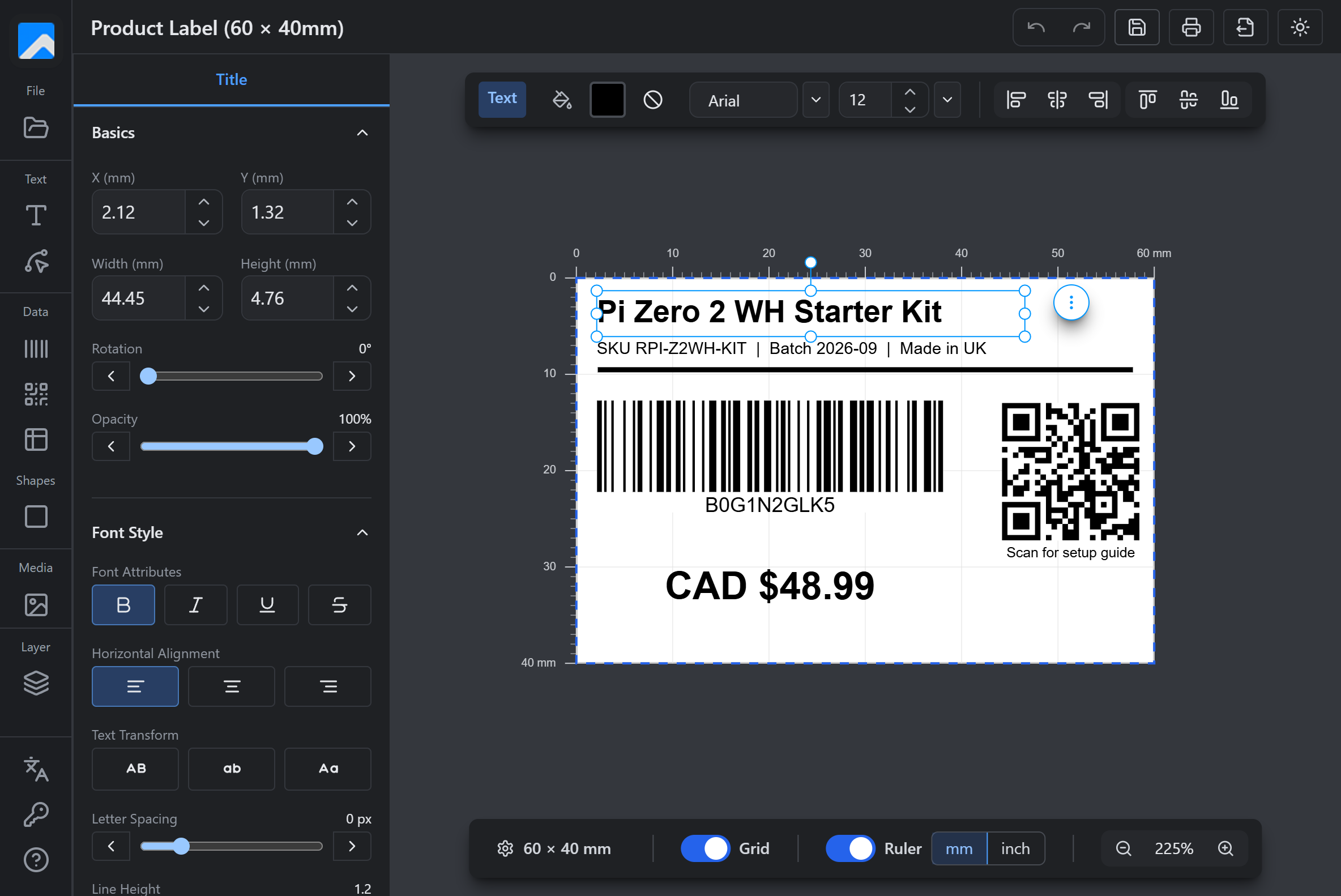Labelr dark-mode editor with a product label, barcode and QR code