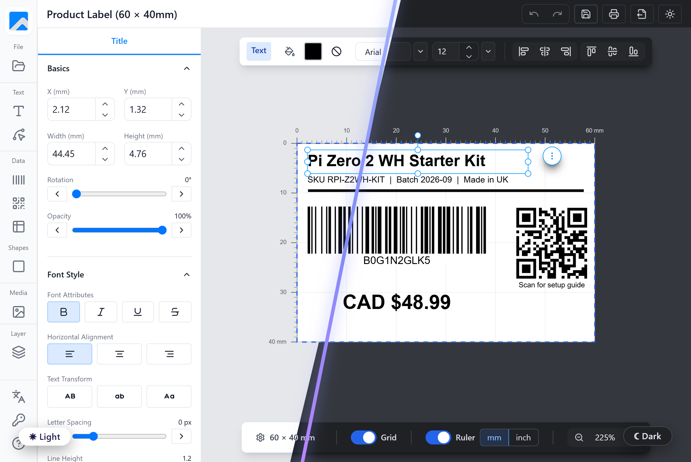 Labelr label editor shown side by side in light and dark themes